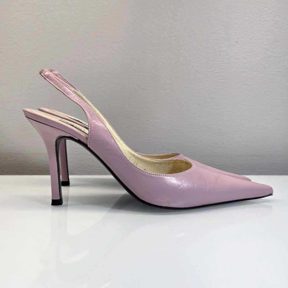 Vintage Y2K Slingback Stiletto Heels 8.5 Lilac Purple Leather Pointed Toe Pastel